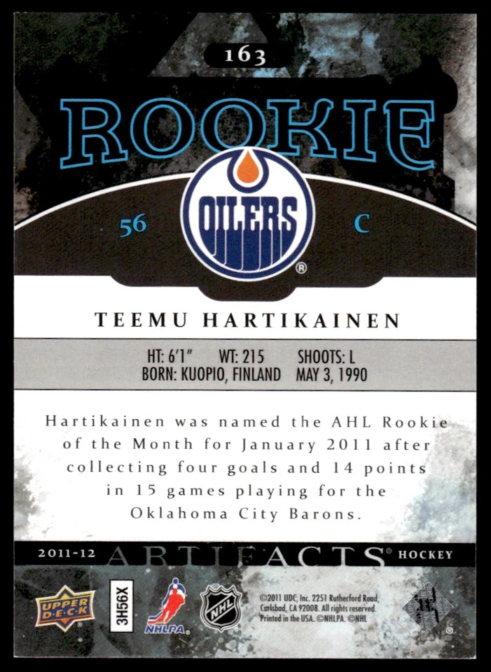 2011-12 Upper Deck Artifacts Teemu Hartikainen Rookie /999 Edmonton Oilers #163 - Image 2 of 2