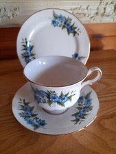 Vintage Queen Anne Blue Floral China Tea Cup, Saucer, Side Plate Pristine.