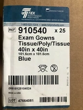 (BOX OF 24) TIDI Exam Gowns Tissue/Poly/Tissue 40 in x 40 in Blue 910540 NEW 