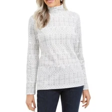 Karen Scott Womens L Bright White Printed Long Sleeve Turtleneck Top NWT CX82