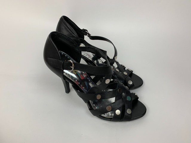 BCBG Black Leather Strappy Studded Heels Shoes 8.5 B M Medium | eBay