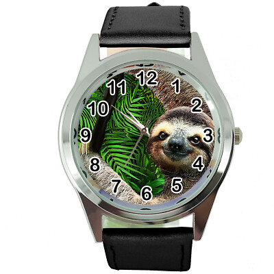 LAZY SLOTH BLACK LEATHER ROUND DIAL Steel WATCH FOR SLOTH FANS