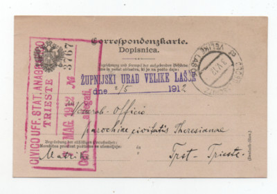 SLOWENIEN Velike Lašče 3.5.1912 BRIEF VON ''PAROCHIA LASICE'' NACH TRIEST Stempel