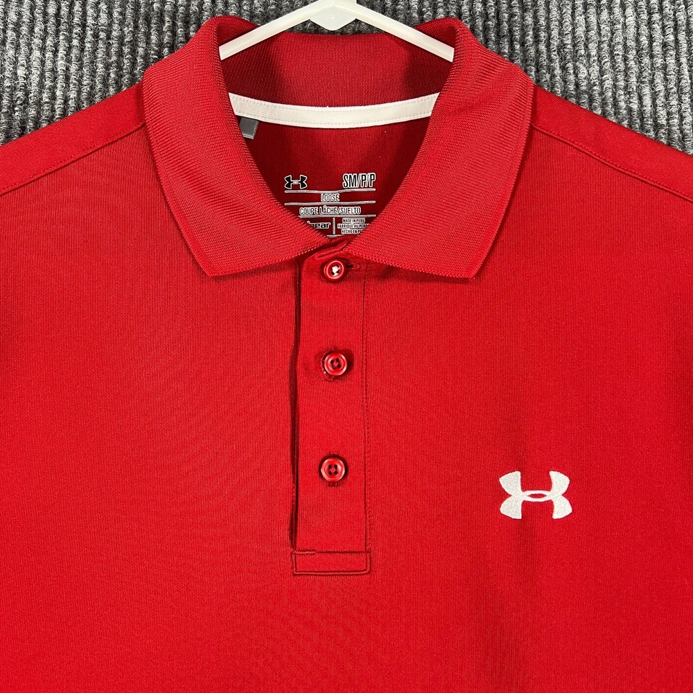 Under Armour Polo Shirt Mens Small Red Short Sleeve Loose Fit Heat Gear Golf