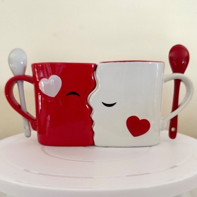 Couples Mug Set Red and White Heart Face Design 10 oz Ceramic With
