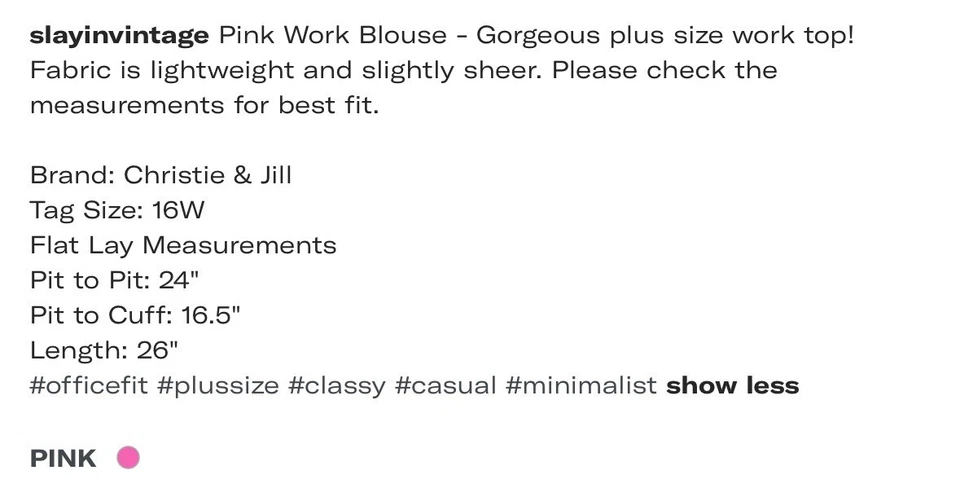 Blusa de Trabajo Rosa Elegante Vintage Talla 16W Foto 3 de 4