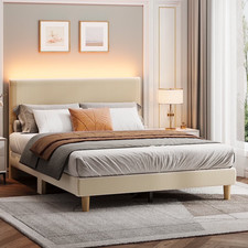 Queen Size Upholstered Bed Frame W/ LED Light Corduroy Headboard Solid Wood Slat
