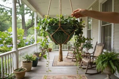 Farmhouse Antique Nelson McCoy Pottery Hanging Planter Green Glazed Bowl