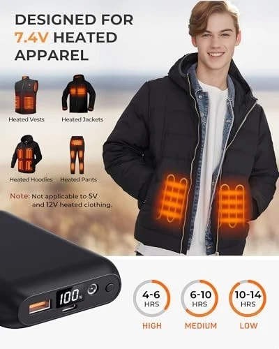 16000mAh Rechargeable Battery Pack for Heated Vests, 7.4V/5V Power Bank with LED - product detail image 3