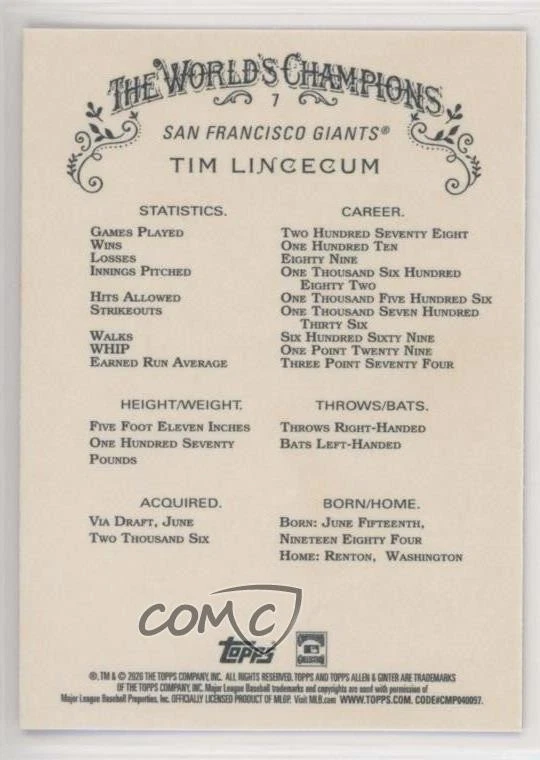 2020 Topps Allen & Ginter's X Tim Lincecum #7 - Image 2 of 2