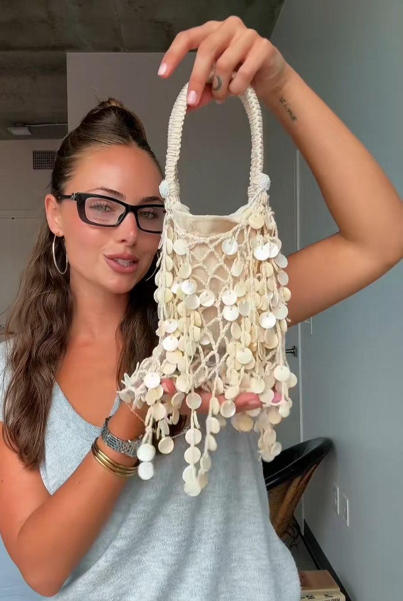 Zara Beaded Sequined Pearlescent Seashell Bucket Bag Beige Cream