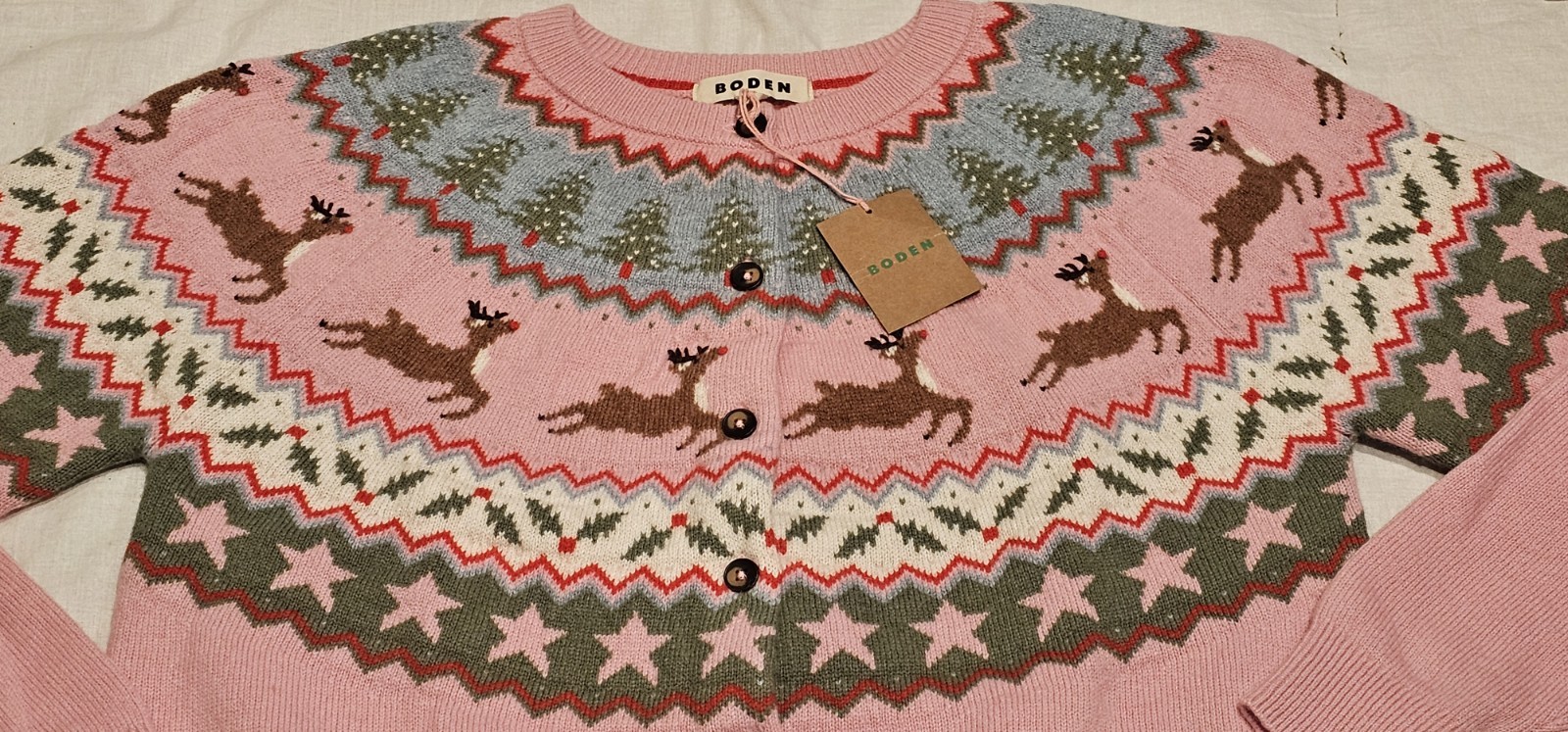 Boden Fair Isle Edie Cardigan Pink Reindeer NWT New L image 2