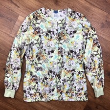 Disney Women Sz XS Green Tinkerbell Print Long Sleeve Scrub Top Shirt