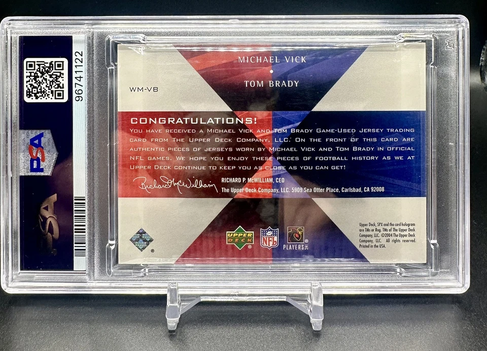 2004 Upper Deck SPx Winning Materials #WM-VB Michael Vick Tom Brady PSA 10 POP 5 - Image 3 of 4