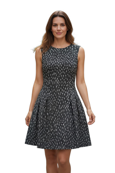 ZARA BASIC 🌸 Sz L (14) Navy Blue White Textured Sleeveless Fit N Flare Dress