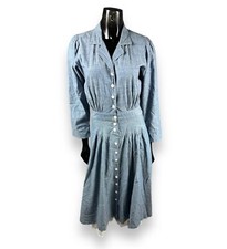 Vtg FADS Women Blue Cotton Denim Button Front Fit Flare Dress CottageCore Sz 3/4
