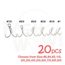 Fish WOW!® 20pcs Fishing 3x Treble Hooks Nickel Size #1 1/0 2/0 3/0 5/0 7/0 lot