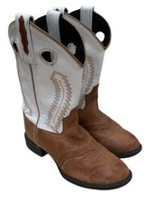Old West Kids Leather Cowboy Boots Size 2 Brown White Western Style Pre-Owned
