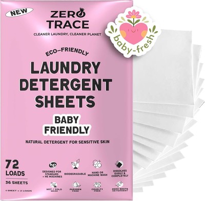 ZERO TRACE Baby Friendly Laundry Detergent Sheets, 72 72 Count (Pack of 1) 
