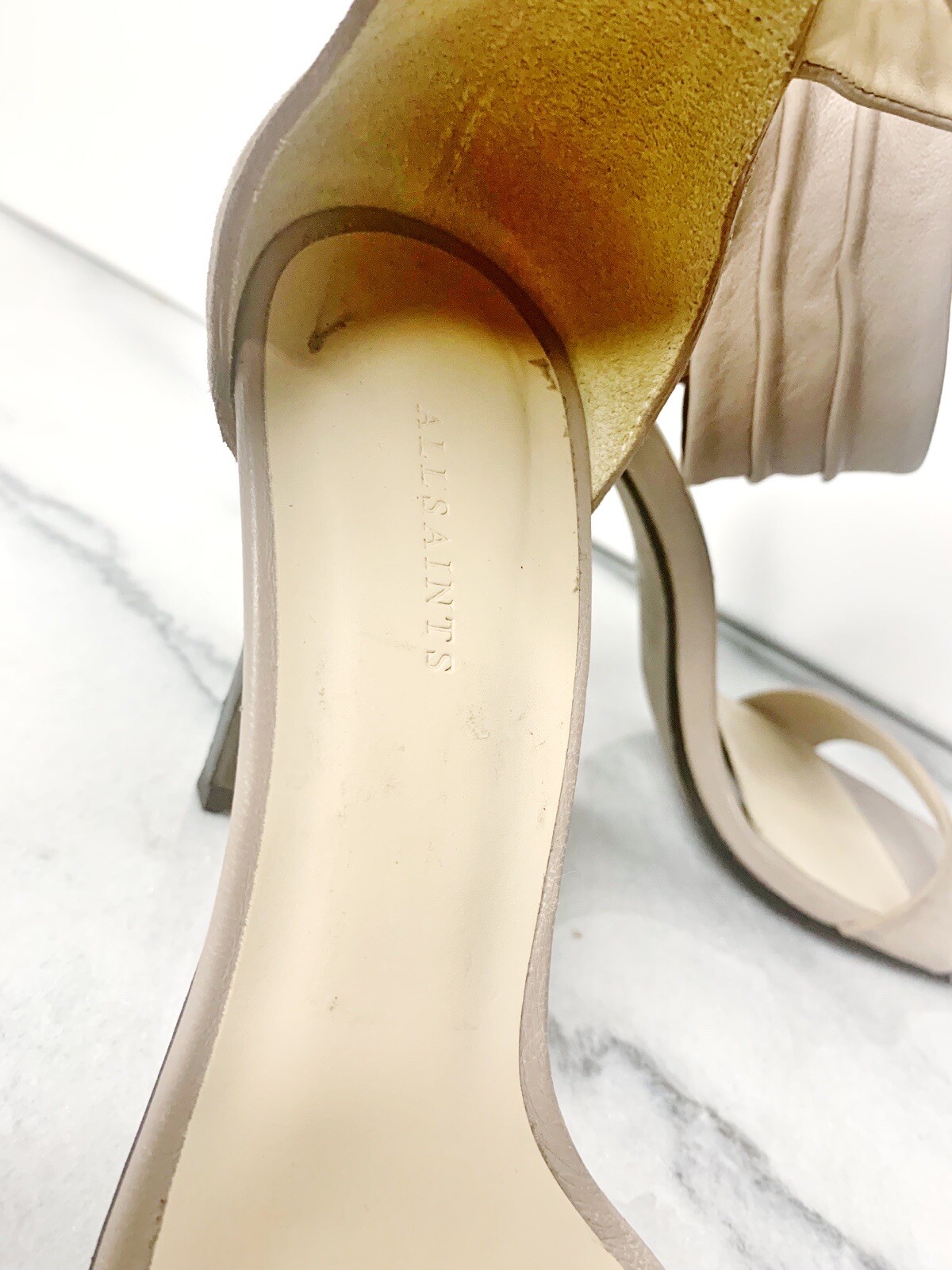 AllSaints Mauve Blush Pink Haidi Leather Heels Sandal… Gem