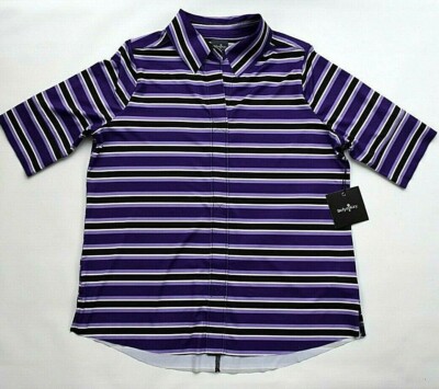 BELYN KEY Breckenridge Purple Stripe 3/4 Sleeve Polo Golf Shirt Womens S NEW