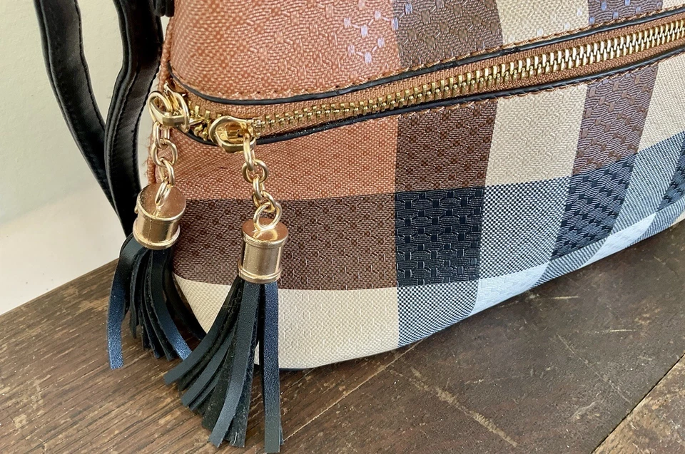 Deluxity Plaid Crossbody Pattern Lady Dome Crossbody Bag Tassel Nice Used - Image 3 of 4