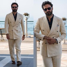 Linen Men Suits Double Breasted Wedding Prom Groom Tuxedos Regular Fit Custom