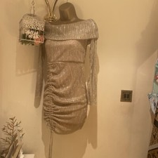 Pretty Little Thing Gold Metallic Ruched Front Bardot Bodycon Dress, Size 12,NWT