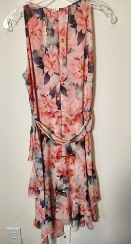 Tahari ASL Sleeveless Peach Pink Floral Chiffon Tie Waist Tiered Dress Easter 4 - Bild 4 von 12