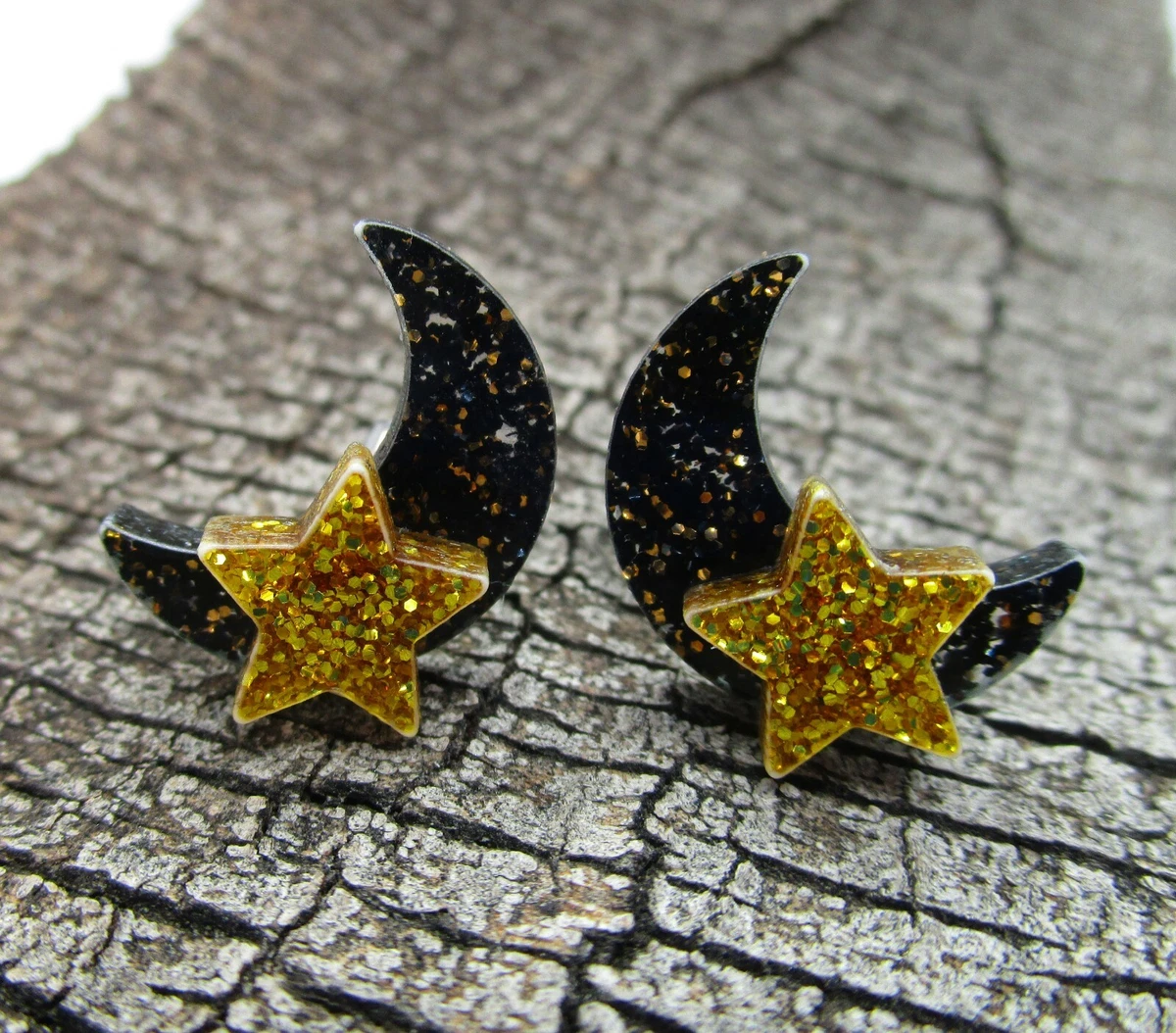Black Crescent Moon and Gold Star Glitter Stud Earrings Dark Goth Celestial USA