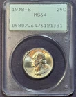 1938-S Washington Quarter PCGS MS64 OGH Toned Golden Luster Nice Coin!