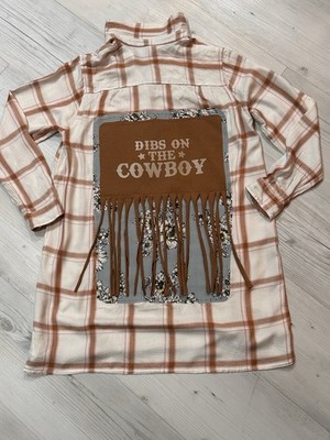 Dibs On The Cowboy Upcycled Tee Vintage Flannel Lightweight Brown Cream Plaid L
