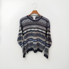 Mens Fair Isle Knit Sweater Crewneck L Blue Gray Pullover Retro Made In Italy