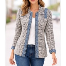 Chicos Tweed Zip Jacket Blue Multi Tweed Textured Heritage Classic Preppy Size M