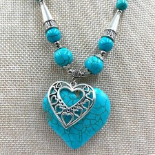 VTG Silver Tone Turquoise Howlite Heart Pendant Necklace Beaded Statement Boho