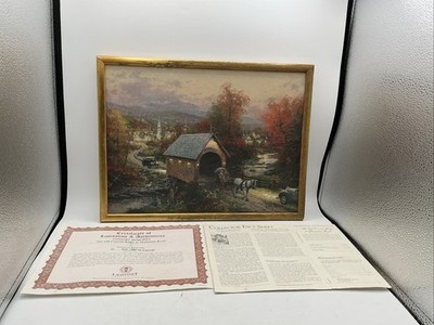 Thomas Kinkade Old Covered Bridge Thomaston Brook Signed Canvas 17x13 COA 899