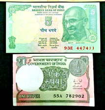 MINTIndia 1 & 5 Rupees GANDHI Banknote World Paper Money UNC Currency Bills Note