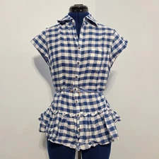 Free People Blue And White Gingham Plaid Linen Shirt Size M
