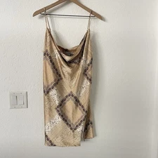 Womens Y2K Mini Slip Dress Size XL Gold Satin Bandana Paisley Floral Cowl Neck