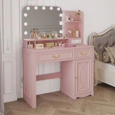 Makeup Vanity Desk with Lighted Mirror, 39.4 inch Vanity Table with Power Outlet