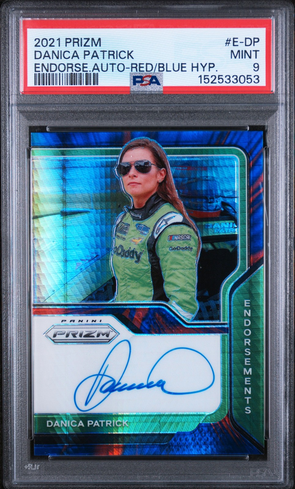 2021 PANINI PRIZM ENDORSEMENTS AUTO RED & BLUE HYPER DANICA PATRICK 06/10 PSA 9