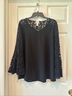 Chico s Gorgeous Size 2 (12) Black Lace Blouse Bell Sleeve LS