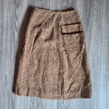 Vintage Handmade Tweed A-Line Skirt Brown Flecked Wool Blend Fringe Pocket XS