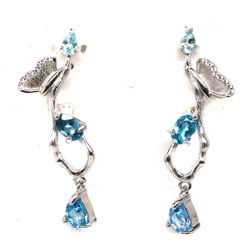 Sky Blue Topaz White Zircon Earrings 925 Sterling Silver Handmade