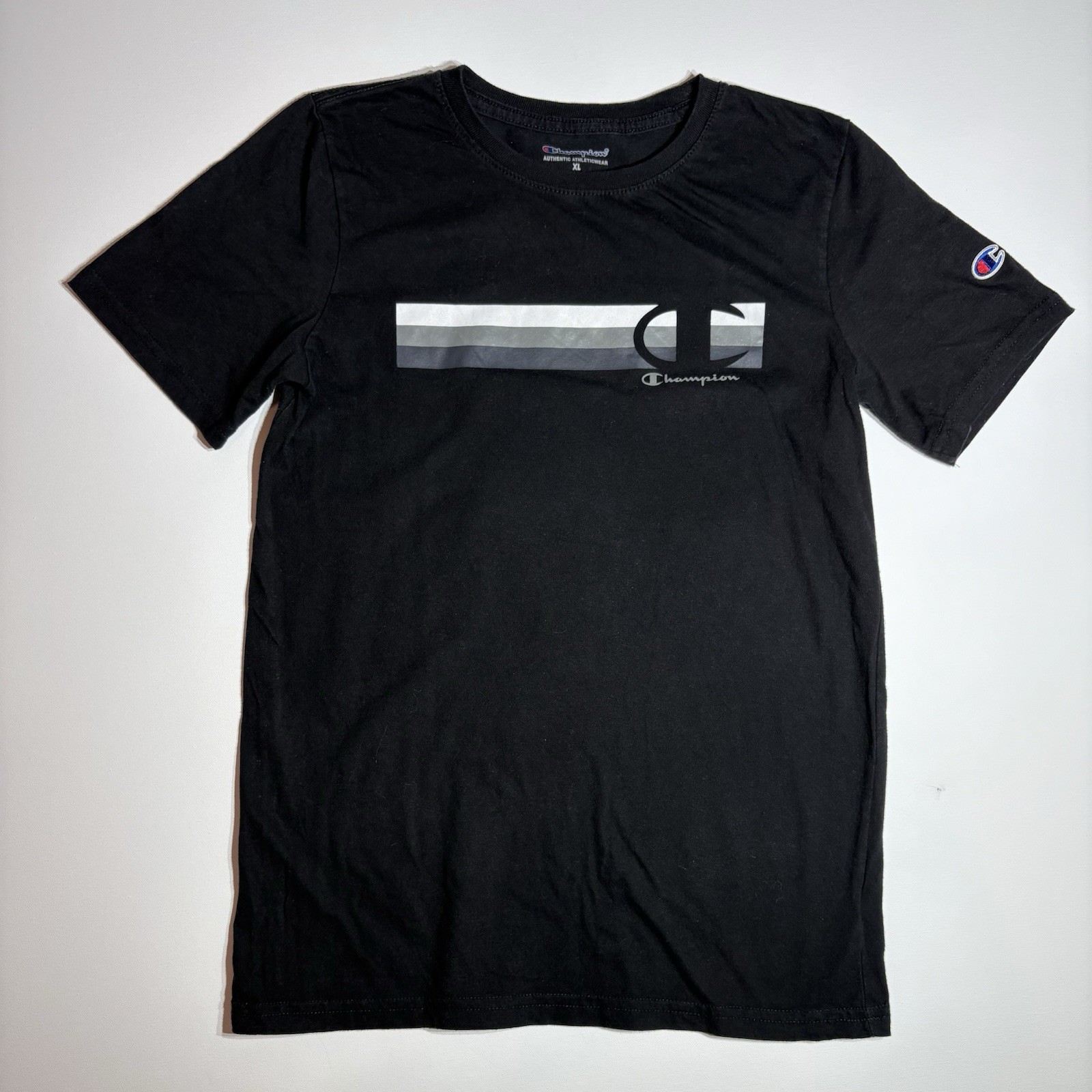 Champion Graphic T-Shirt Boys XL Black Athletic Logo Stripe Short Sleeve Tee