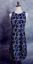 Kay Unger Women's Size 6 Navy Blue Silver Brocade Cut Out Back Pleated Dress