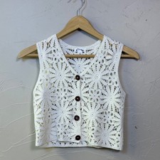 Art Class Crochet Vest Girls Medium 8 White Floral Button Up Boho Cottagecore