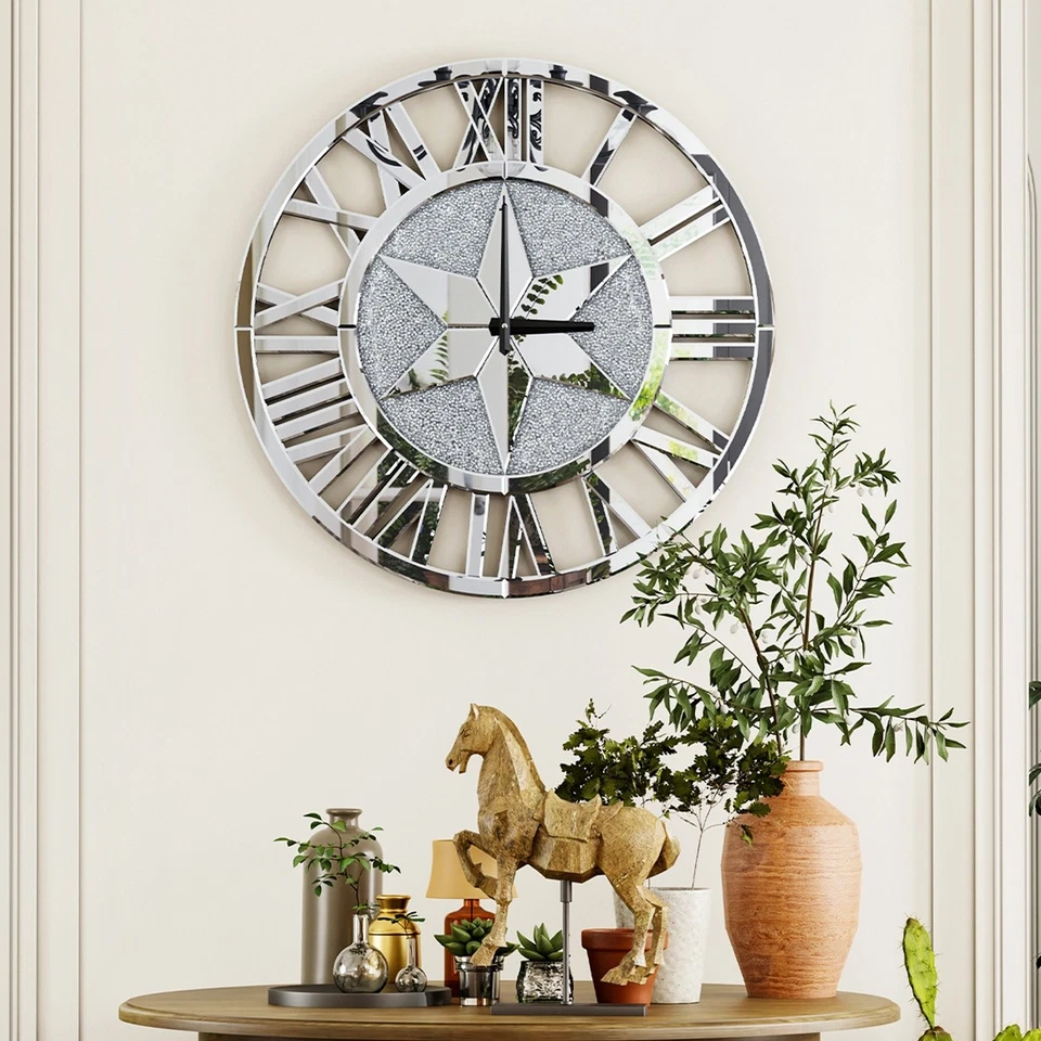 Large Mirrored Clock Roman Numeral Sparkle Wall Art Clock with Crushed Diamond - Image 2 of 4