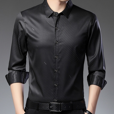 Chemise Haut Noir Satin Rayé Homme Formel Chemisier Satin Faux