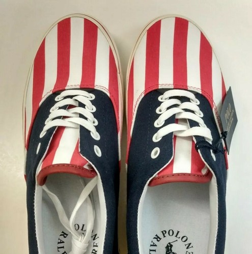 NWOB Men Polo Ralph Lauren Thorton USA Flag Size 7 Red White & Blue Shoes - Picture 5 of 11